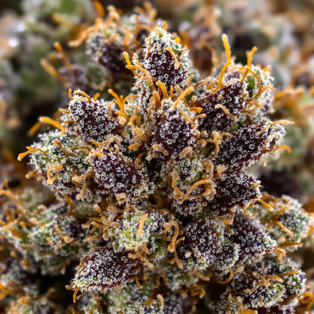Dinachem cannabis bud close-up showing dense purple-tinged calyxes