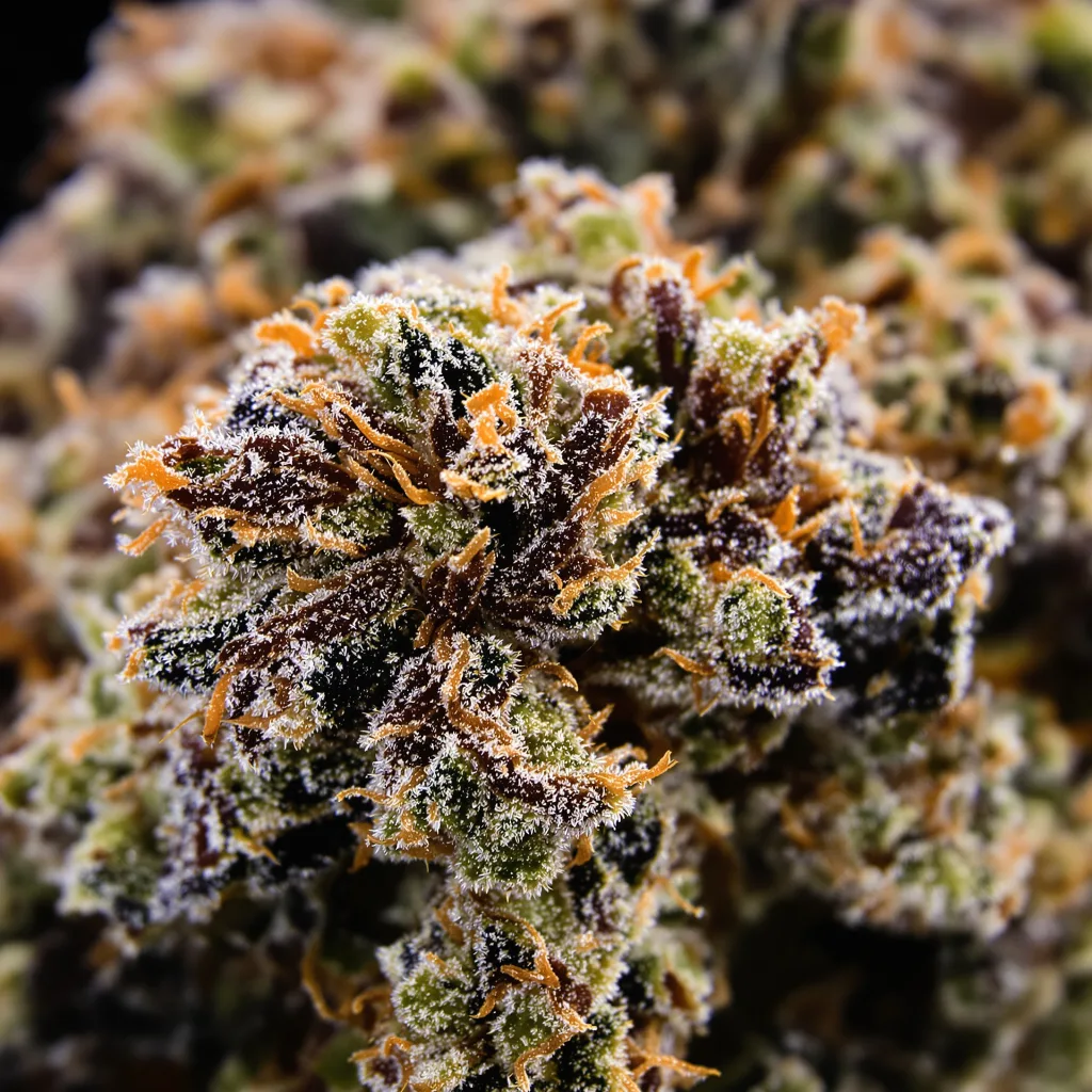 Dinachem cannabis bud close-up showing dense purple-tinged calyxes