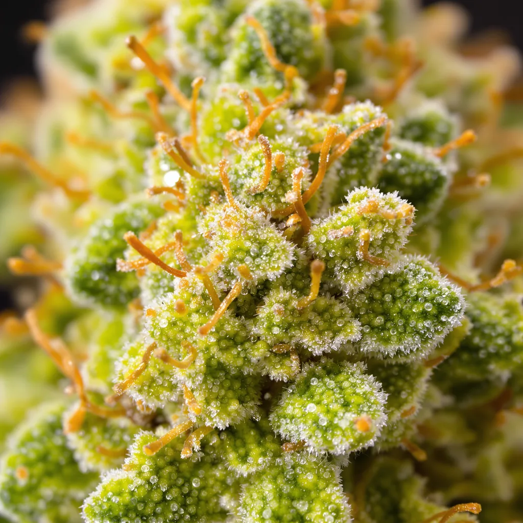 Dizzy OG cannabis bud close-up showing lime-green airy structure