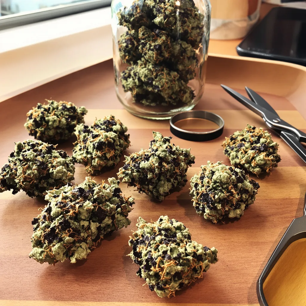 Dogwalker OG 78% indica / 22% sativa flower with visible trichomes
