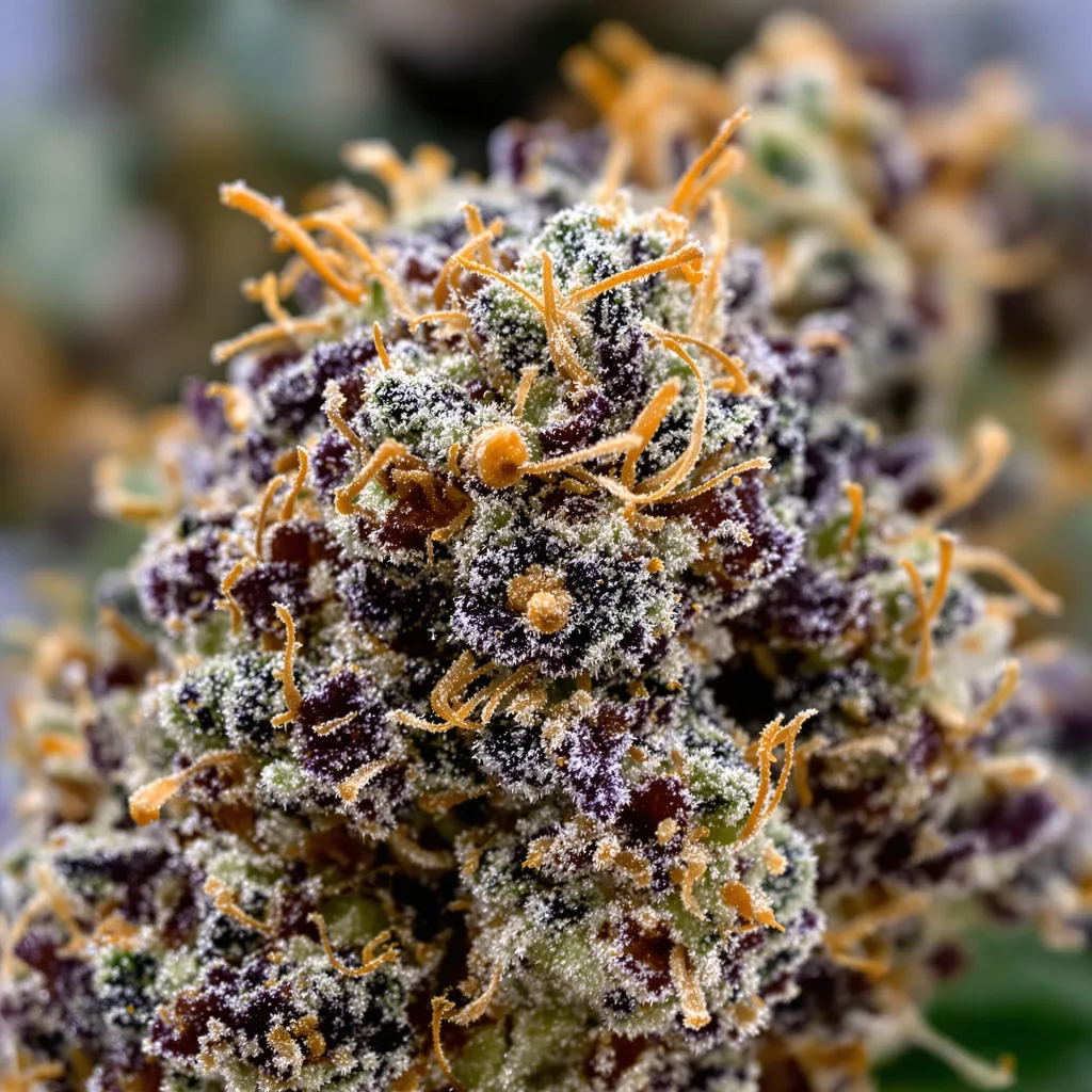 Dogwalker OG cannabis bud close-up showing dense purple-tinged calyxes