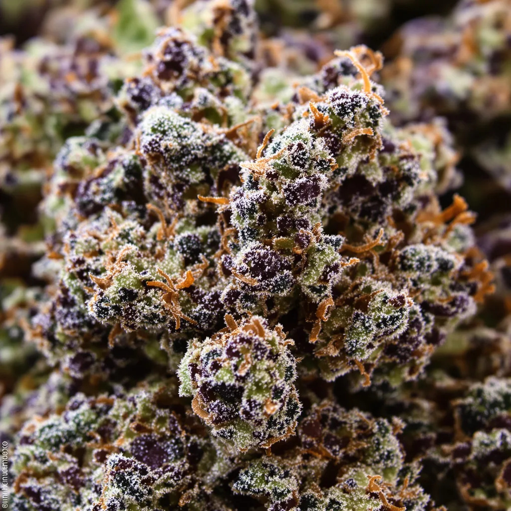 Dogwalker OG cannabis bud close-up showing dense purple-tinged calyxes