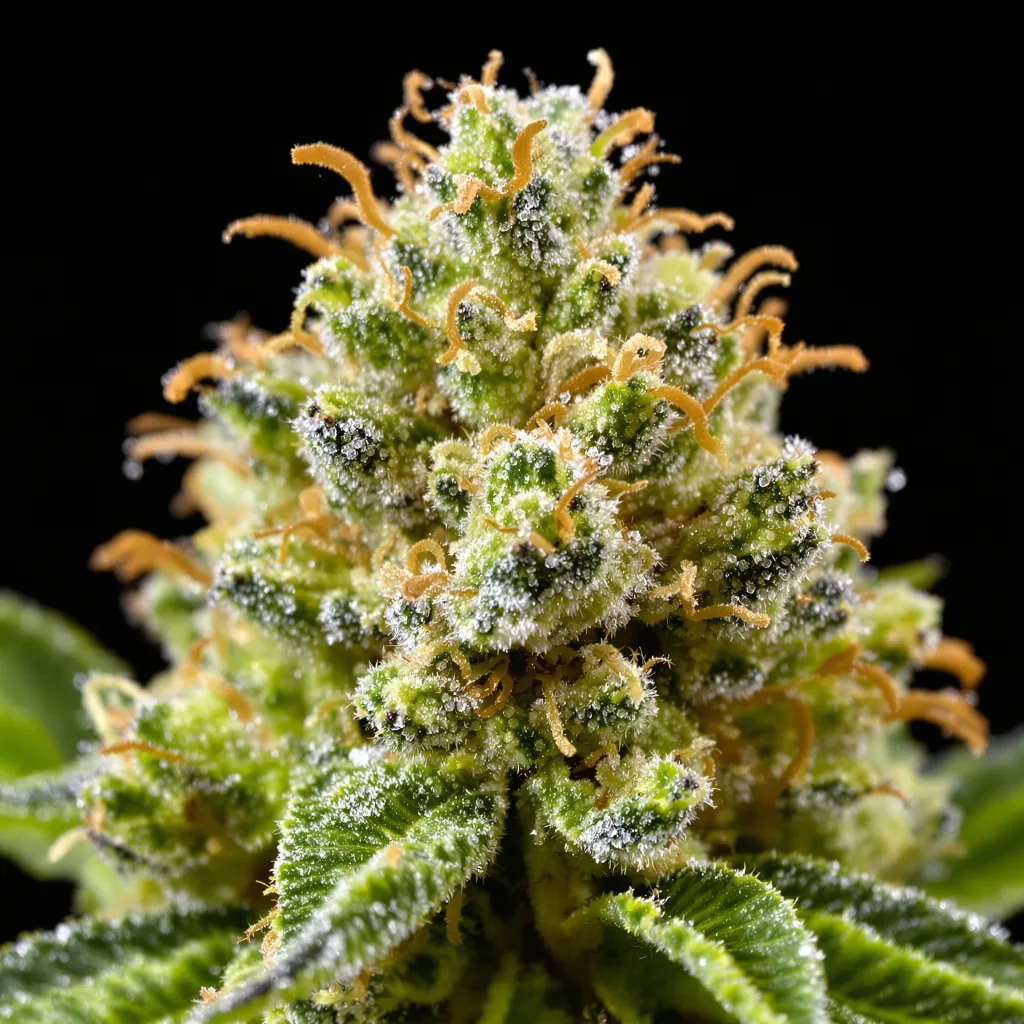 Domino cannabis bud close-up showing lime-green airy structure