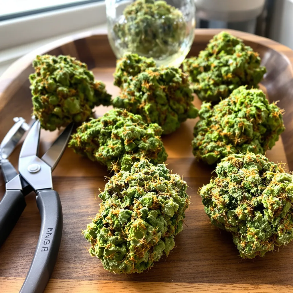 Double Dream 16% indica / 84% sativa flower with visible trichomes