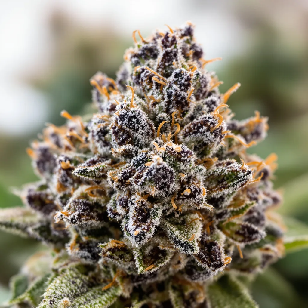 Double OG cannabis bud close-up showing dense purple-tinged calyxes