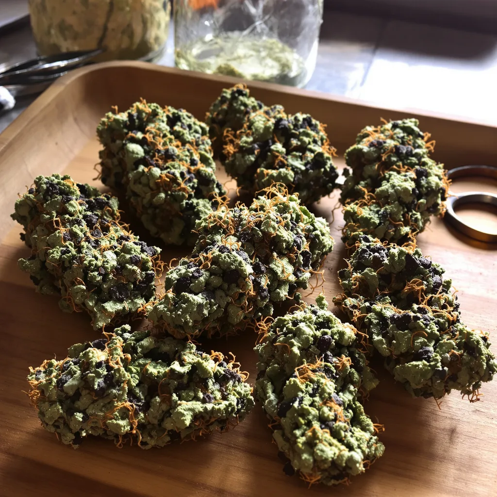 Dr. Funk 72% indica / 28% sativa flower with visible trichomes