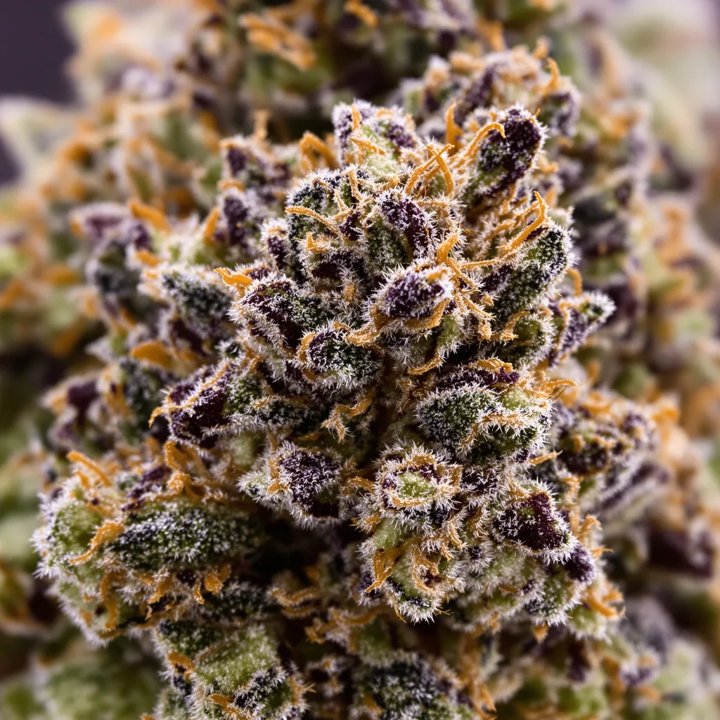Dr. Funk cannabis bud close-up showing dense purple-tinged calyxes