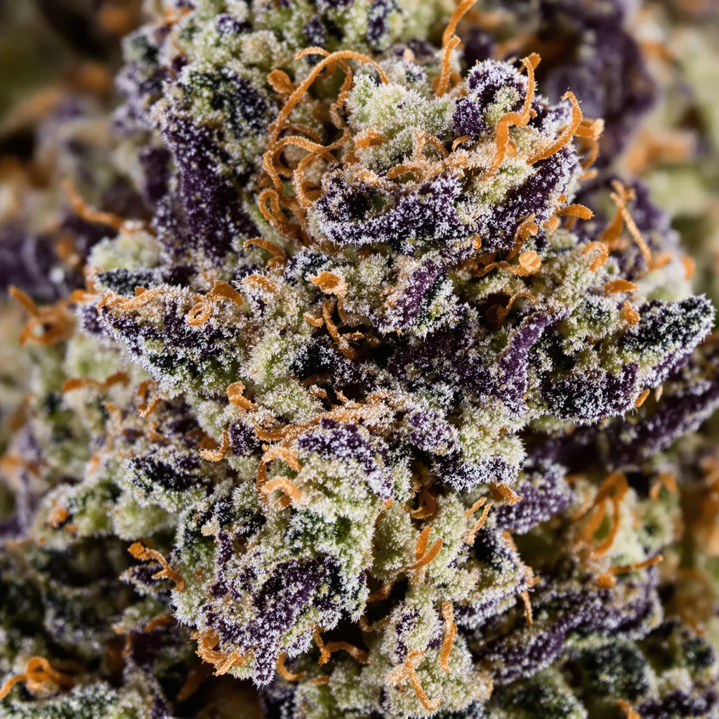 Dream Berry cannabis bud close-up showing dense purple-tinged calyxes