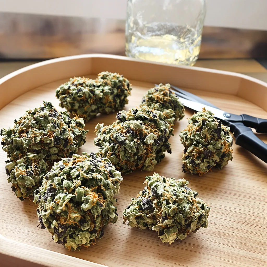 Durga Mata 77% indica / 23% sativa flower with visible trichomes