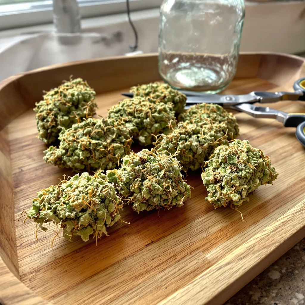 Dutch Dragon 9% indica / 91% sativa flower with visible trichomes