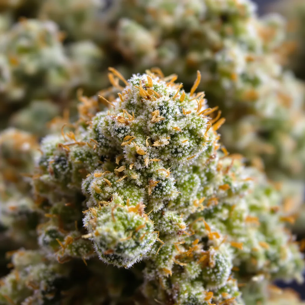 Dutch Dragon cannabis bud close-up showing lime-green airy structure