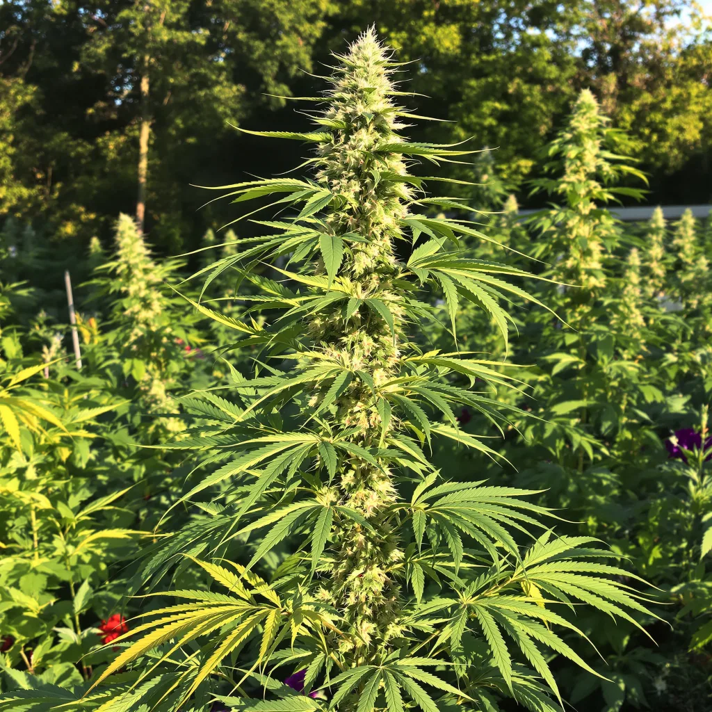 Dutch Dragon 9% indica / 91% sativa flower with visible trichomes