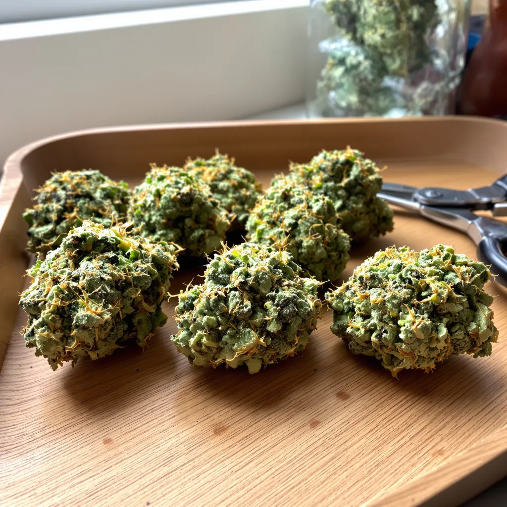 Dynamite Diesel 19% indica / 81% sativa flower with visible trichomes