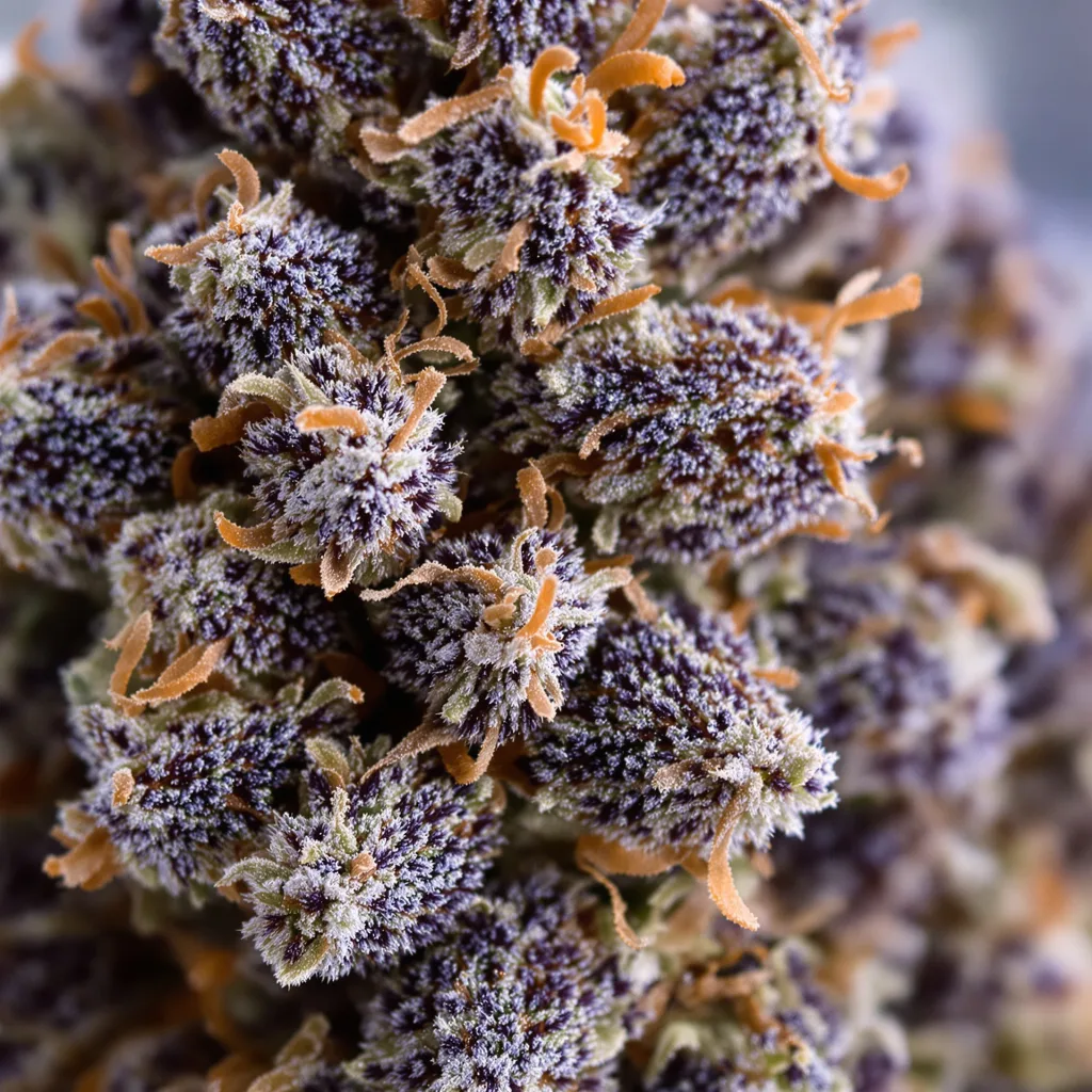 Dynamite cannabis bud close-up showing dense purple-tinged calyxes
