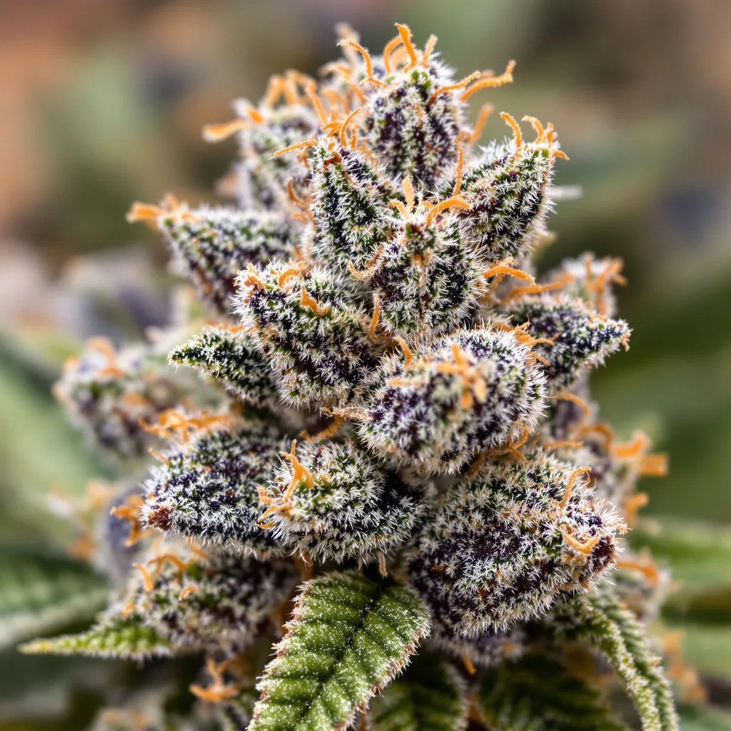 Electric Blue cannabis bud close-up showing dense purple-tinged calyxes