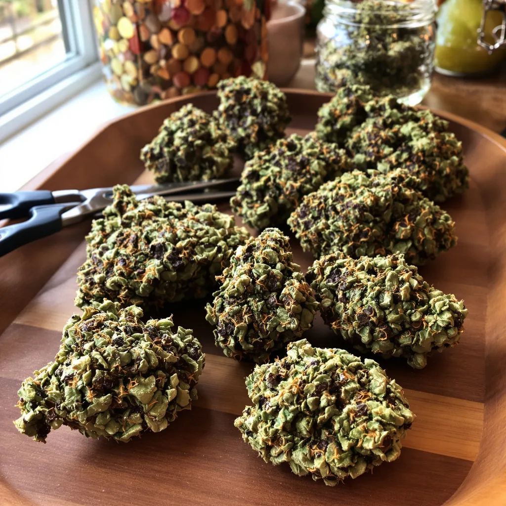 Electric Blue 86% indica / 14% sativa flower with visible trichomes