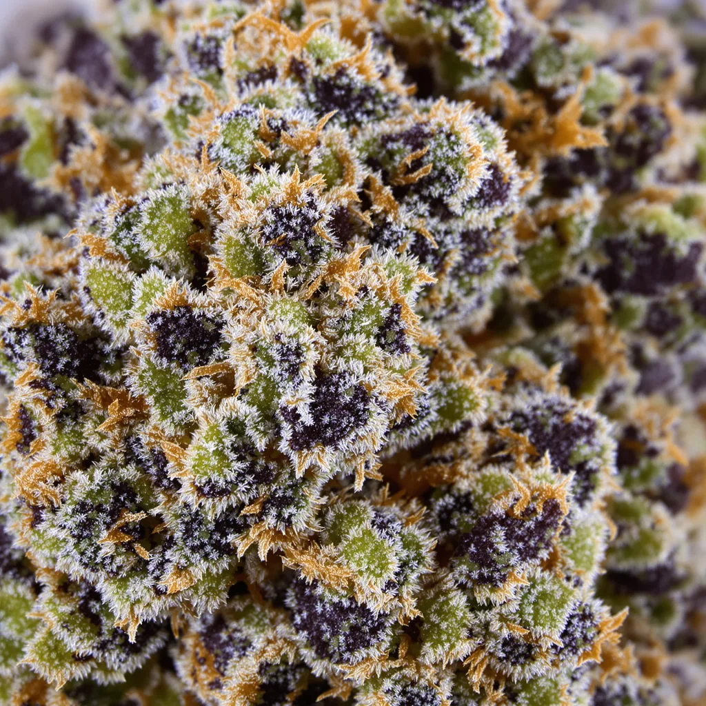 Electric Blue cannabis bud close-up showing dense purple-tinged calyxes