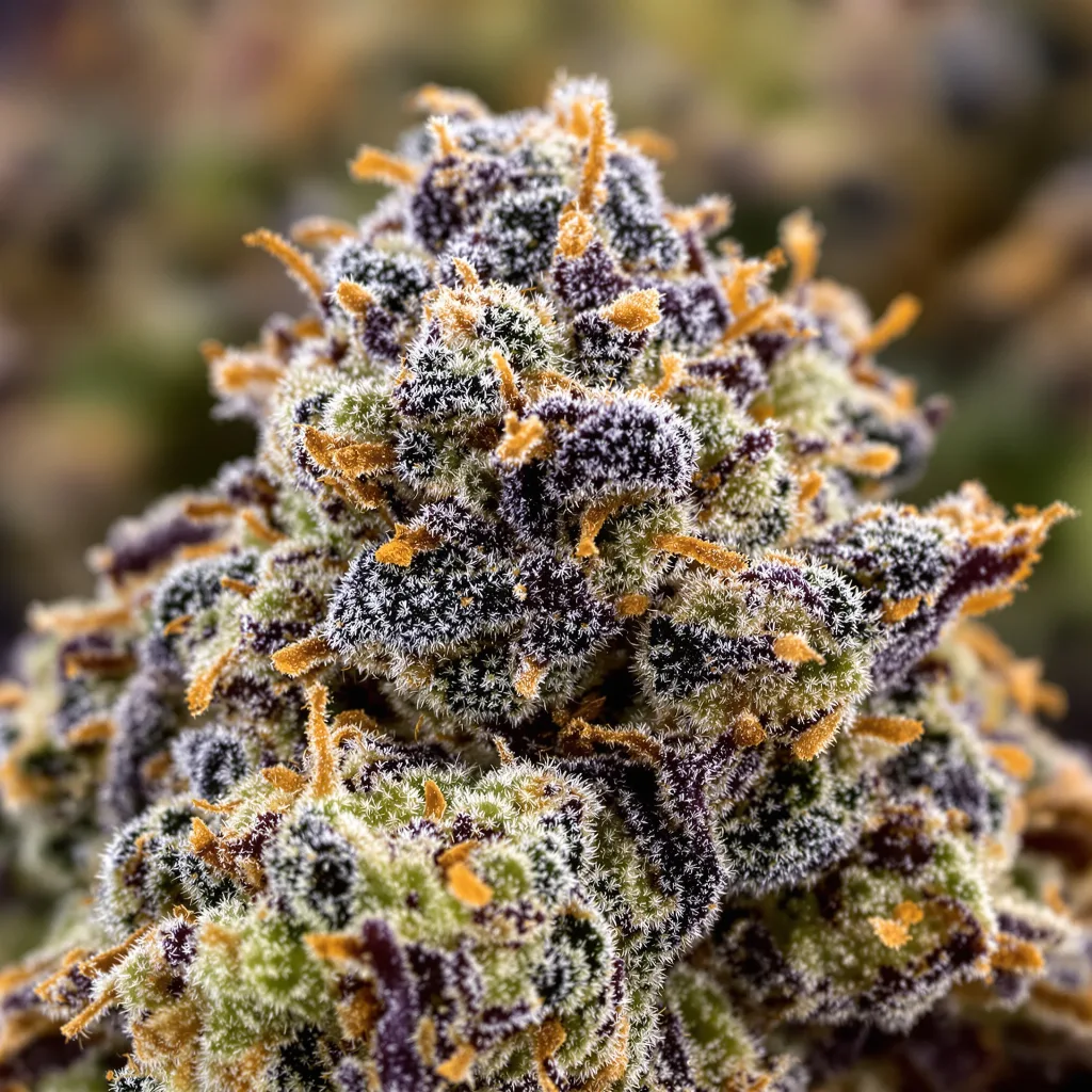 Eran Almog cannabis bud close-up showing dense purple-tinged calyxes