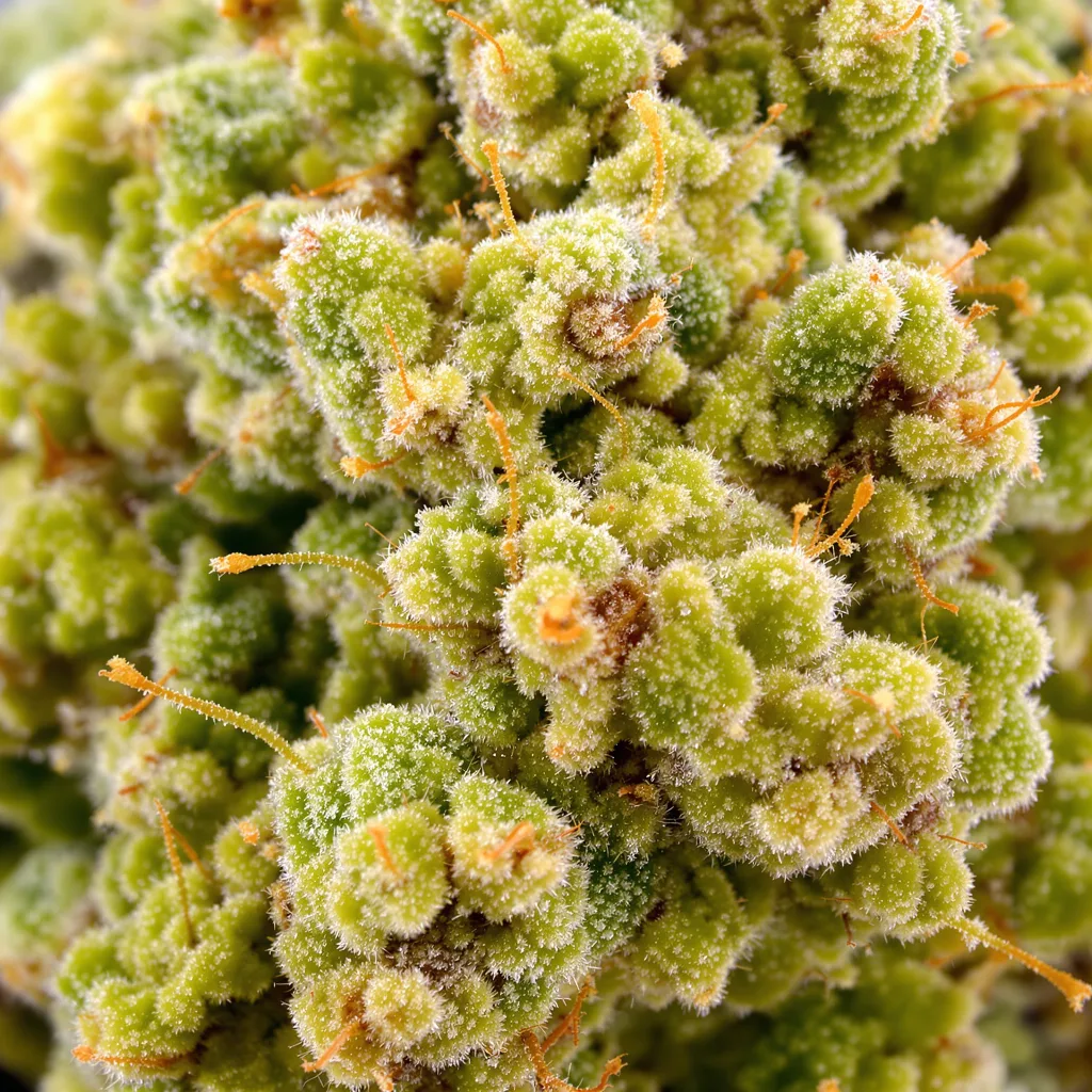 Euforia cannabis bud close-up showing lime-green airy structure