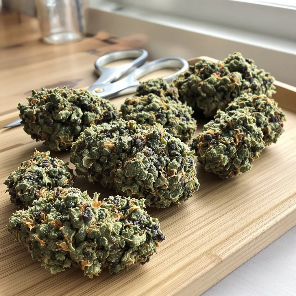 Exodus Cheese 50% indica / 50% sativa flower with visible trichomes