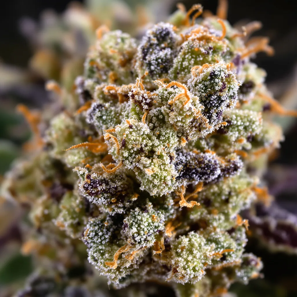 Exodus Cheese cannabis bud close-up showing balanced bud structure with frosted trichomes