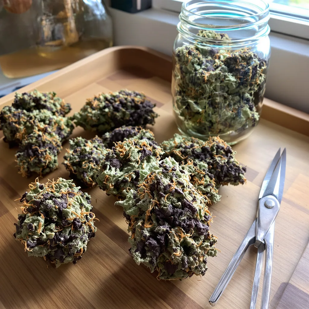Extreme OG 70% indica / 30% sativa flower with visible trichomes