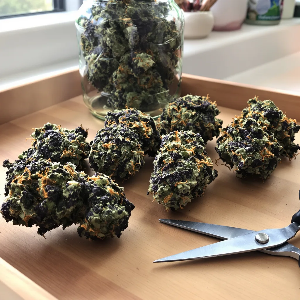 Face Off OG 75% indica / 25% sativa flower with visible trichomes