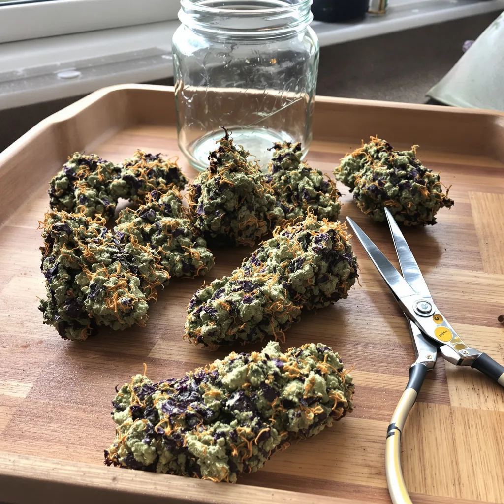 Fat Purple 74% indica / 26% sativa flower with visible trichomes