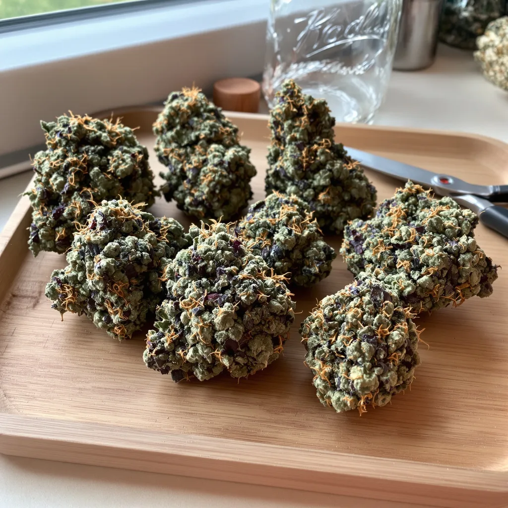 Fire OG 86% indica / 14% sativa flower with visible trichomes