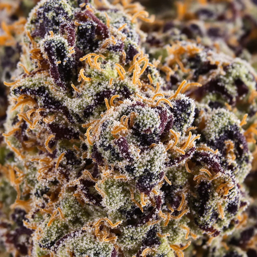 Fire OG cannabis bud close-up showing dense purple-tinged calyxes