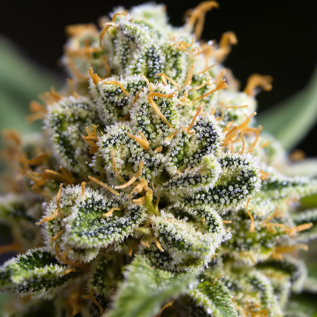 Flo cannabis bud close-up showing lime-green airy structure
