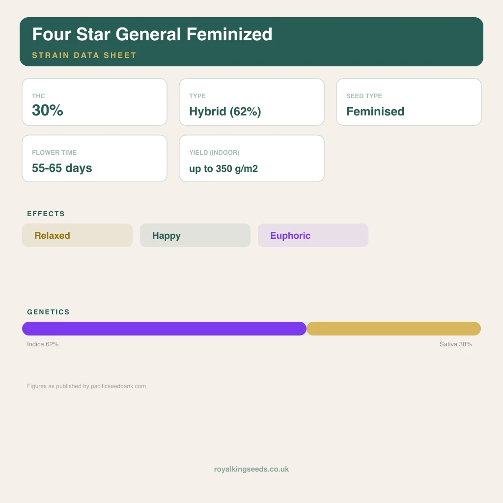 Four Star General 62% indica / 38% sativa flower with visible trichomes