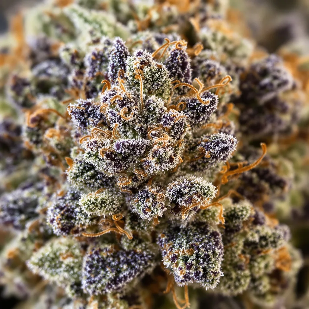 FPOG cannabis bud close-up showing dense purple-tinged calyxes