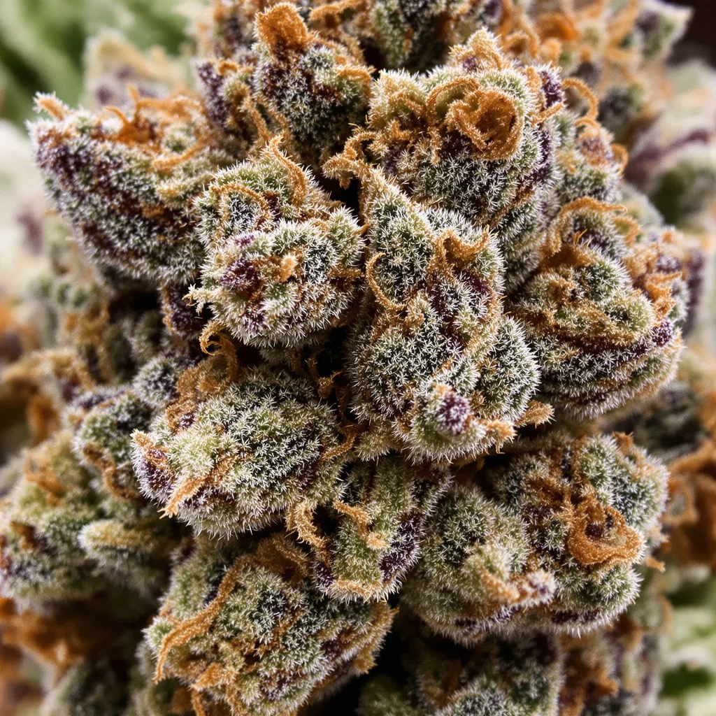 FPOG cannabis bud close-up showing dense purple-tinged calyxes
