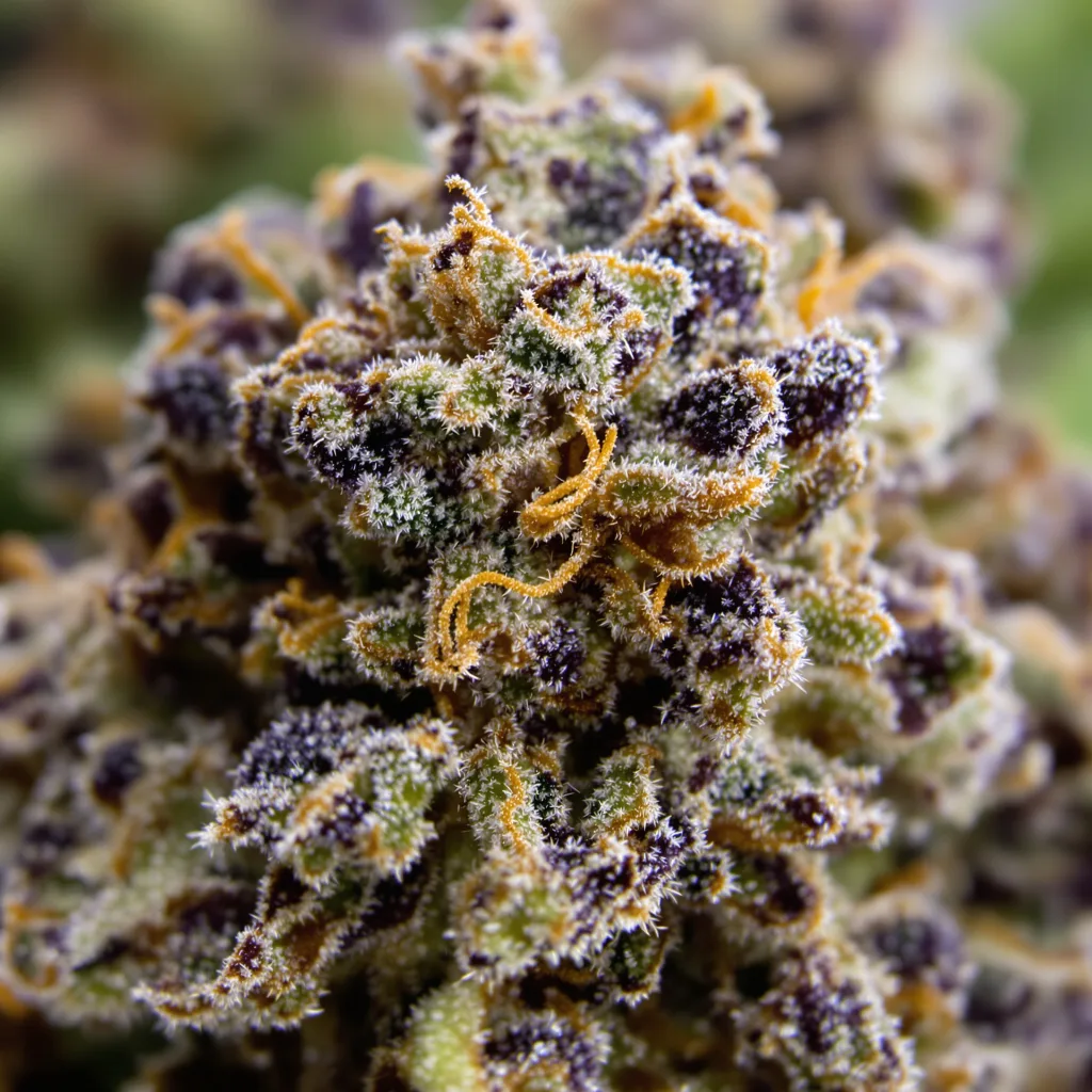Frida cannabis bud close-up showing dense purple-tinged calyxes