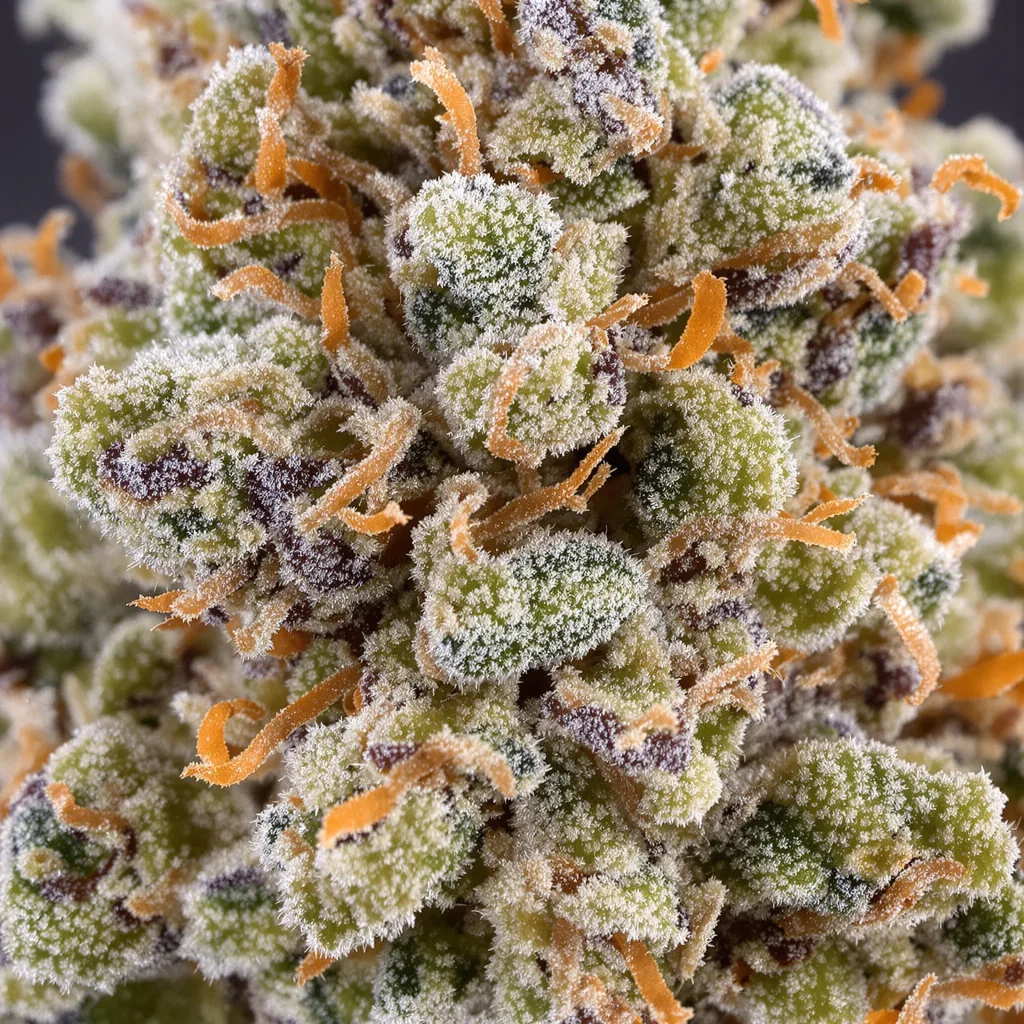 Frosty cannabis bud close-up showing balanced bud structure with frosted trichomes