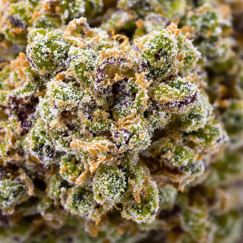 Fruity Pebbles cannabis bud close-up showing balanced bud structure with frosted trichomes