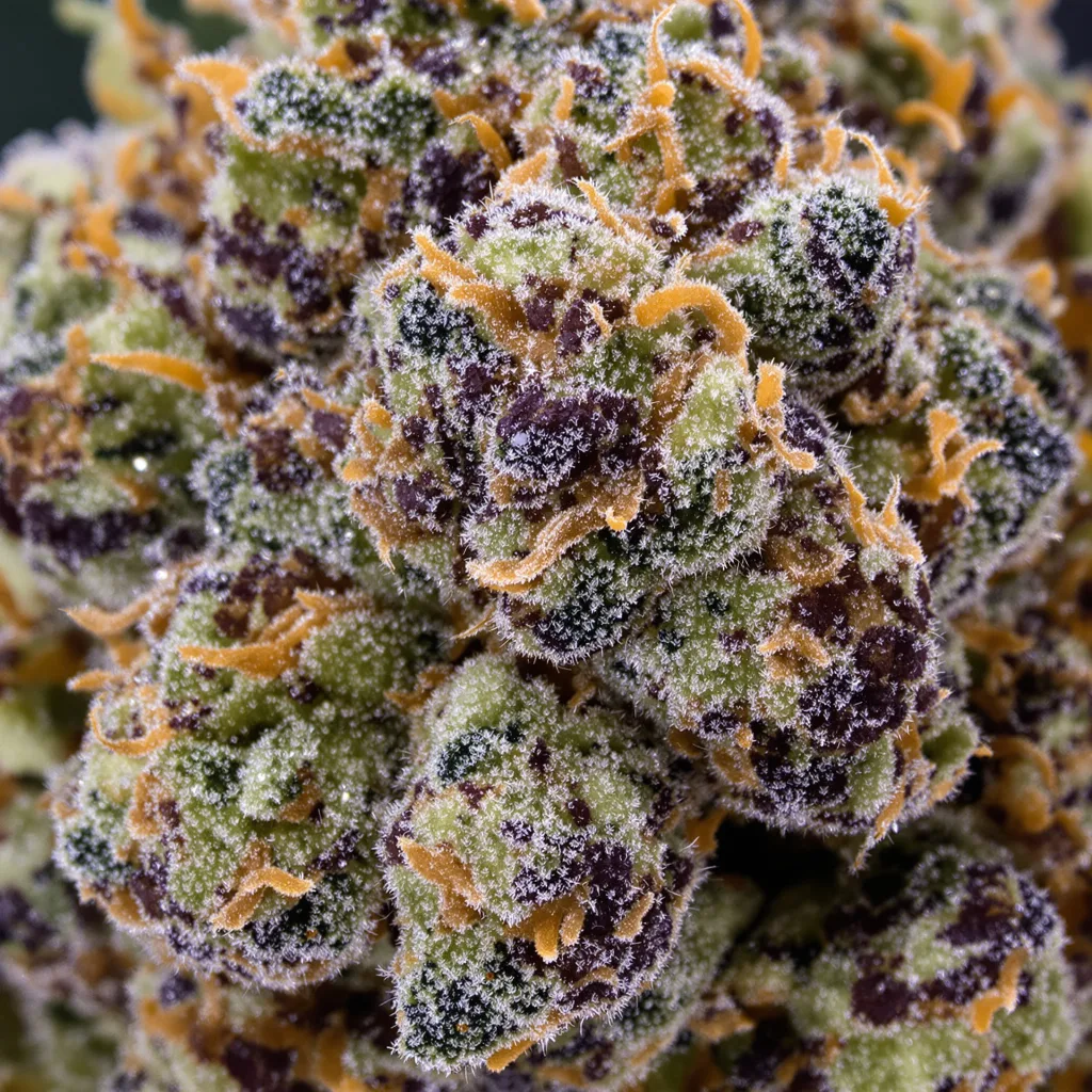 Fruity Widow cannabis bud close-up showing dense purple-tinged calyxes