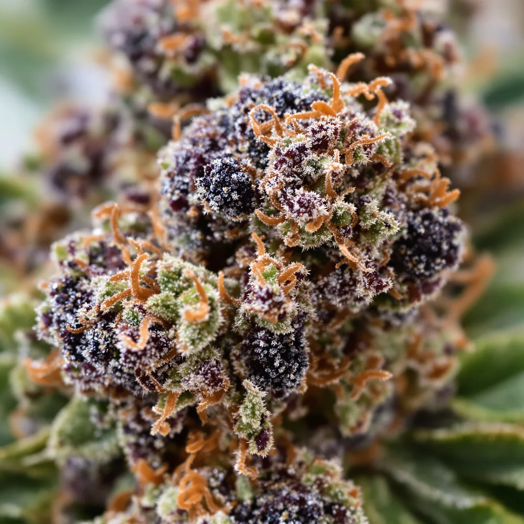 Fruitylicious cannabis bud close-up showing dense purple-tinged calyxes