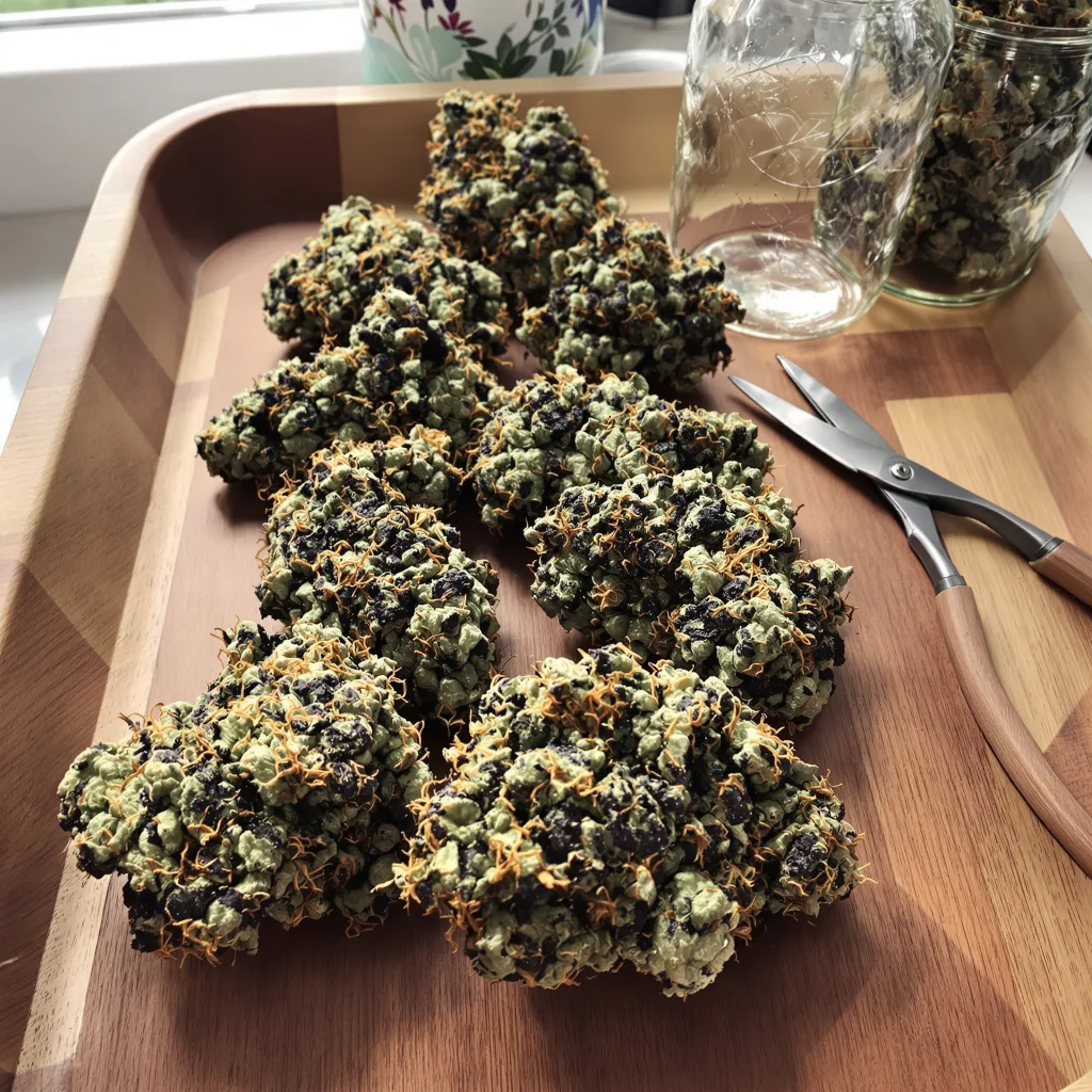 Fruitylicious 76% indica / 24% sativa flower with visible trichomes