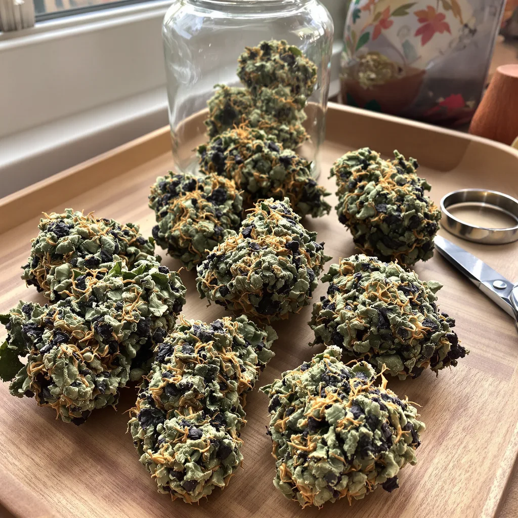 G13 Widow 65% indica / 35% sativa flower with visible trichomes