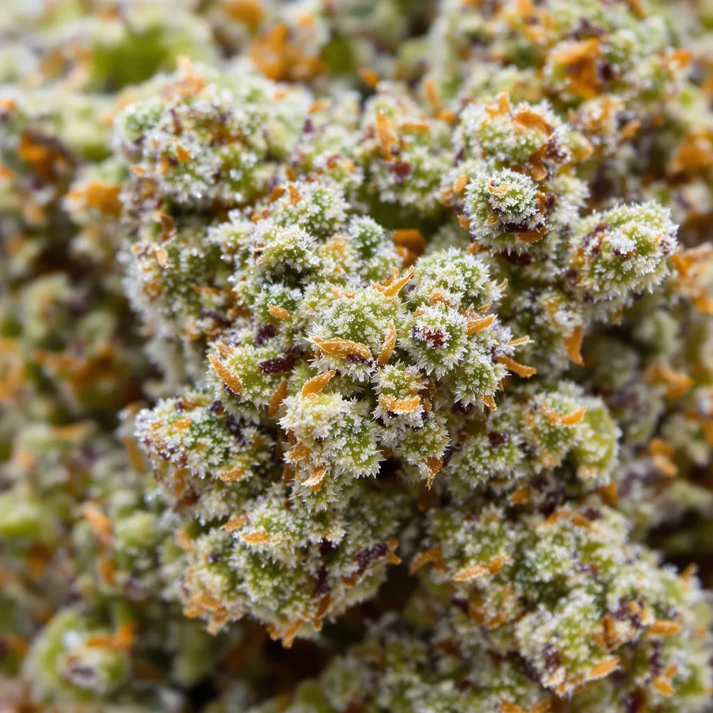 Game Changer cannabis bud close-up showing dense forest-green nugs