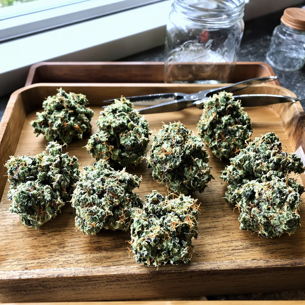Garlic Bud 45% indica / 55% sativa flower with visible trichomes