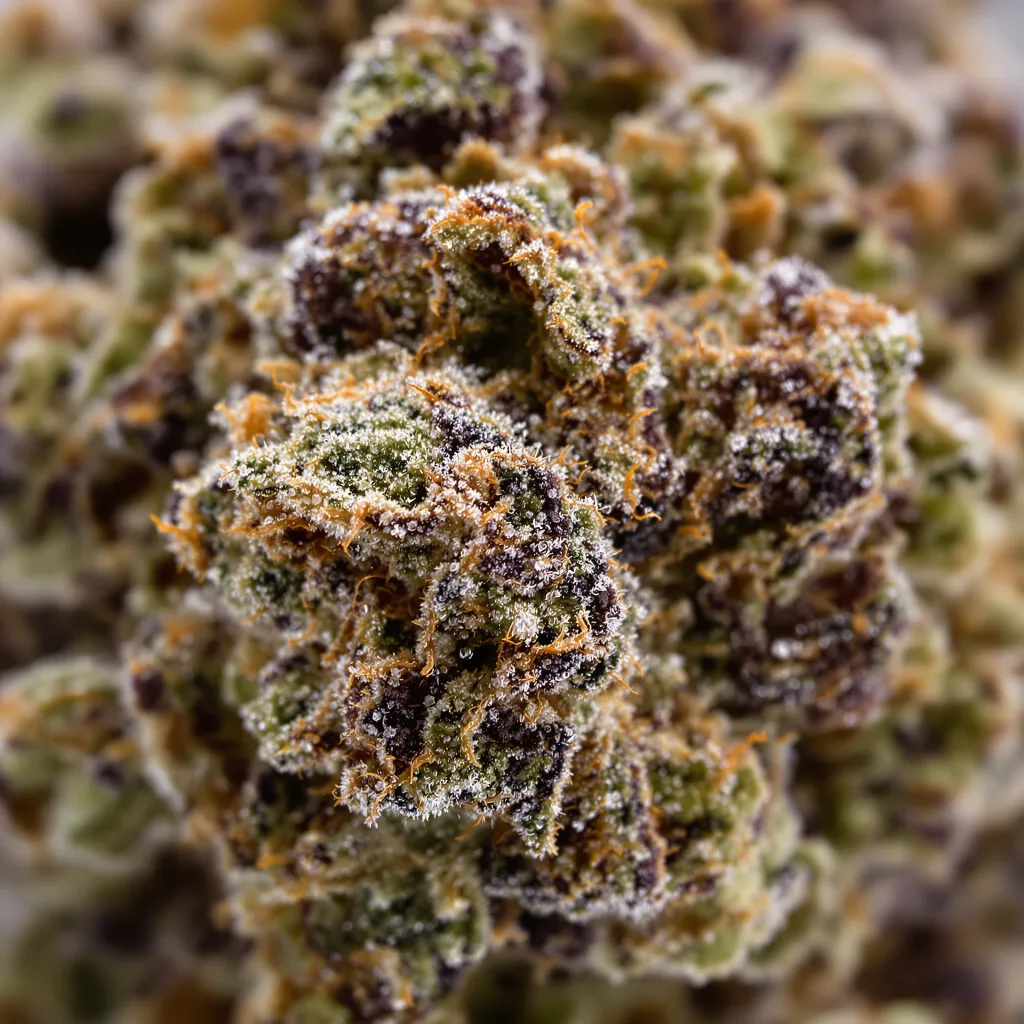 Ghost OG cannabis bud close-up showing dense purple-tinged calyxes