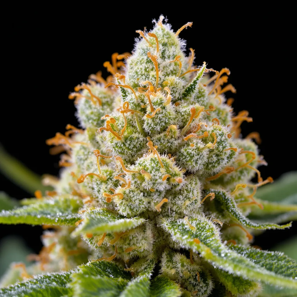 Ghost Train Haze cannabis bud close-up showing lime-green airy structure