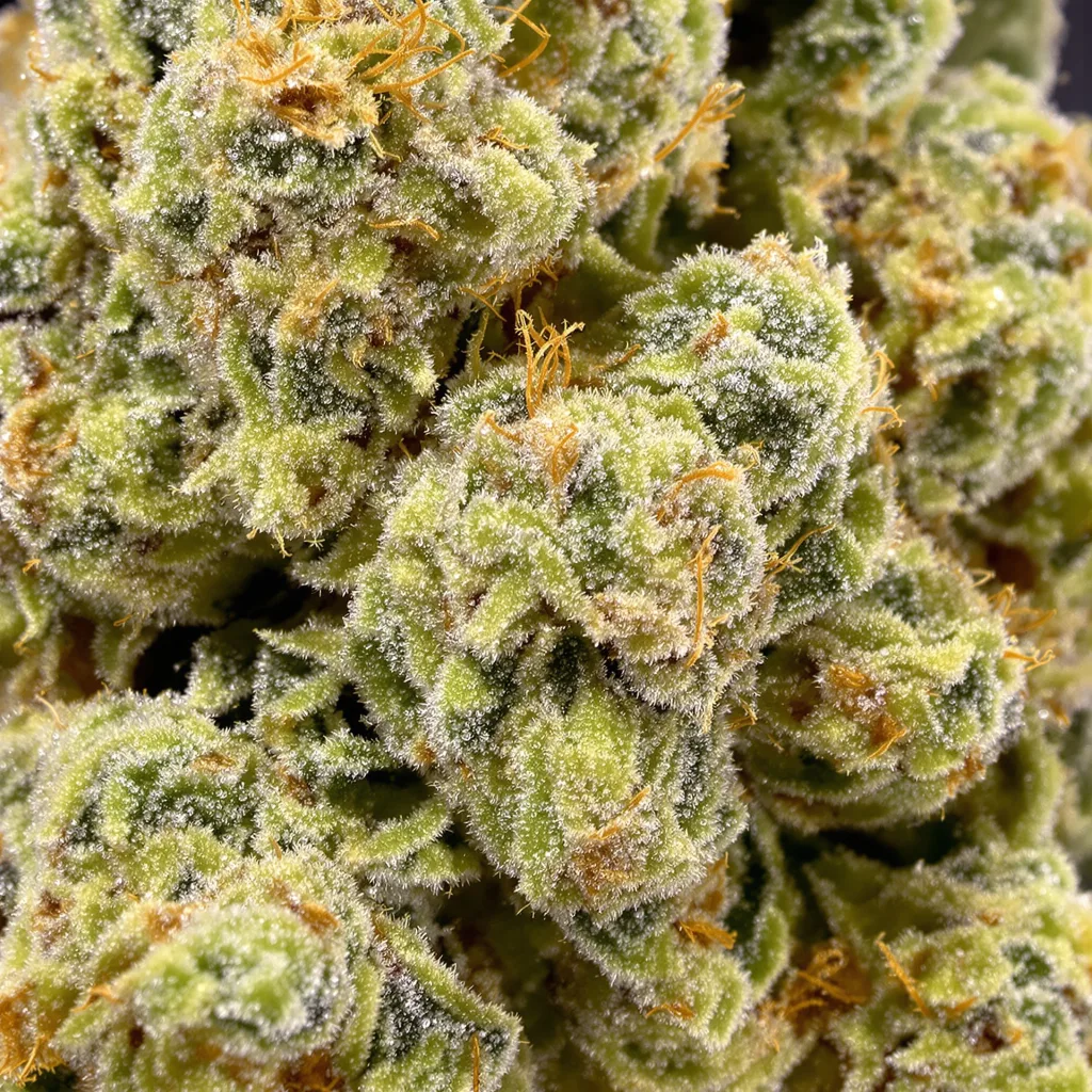 Ghost Train Haze cannabis bud close-up showing lime-green airy structure