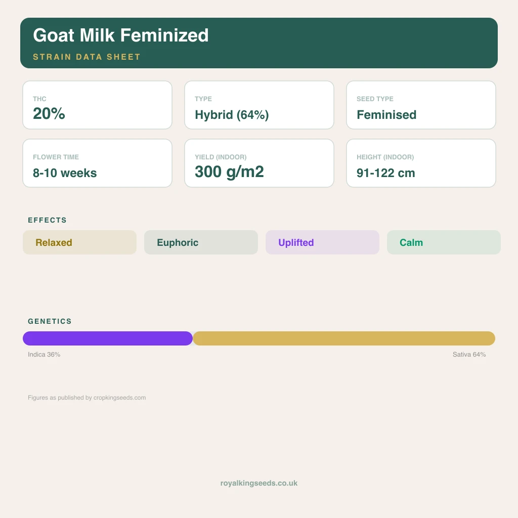 Goat Milk 36% indica / 64% sativa flower with visible trichomes
