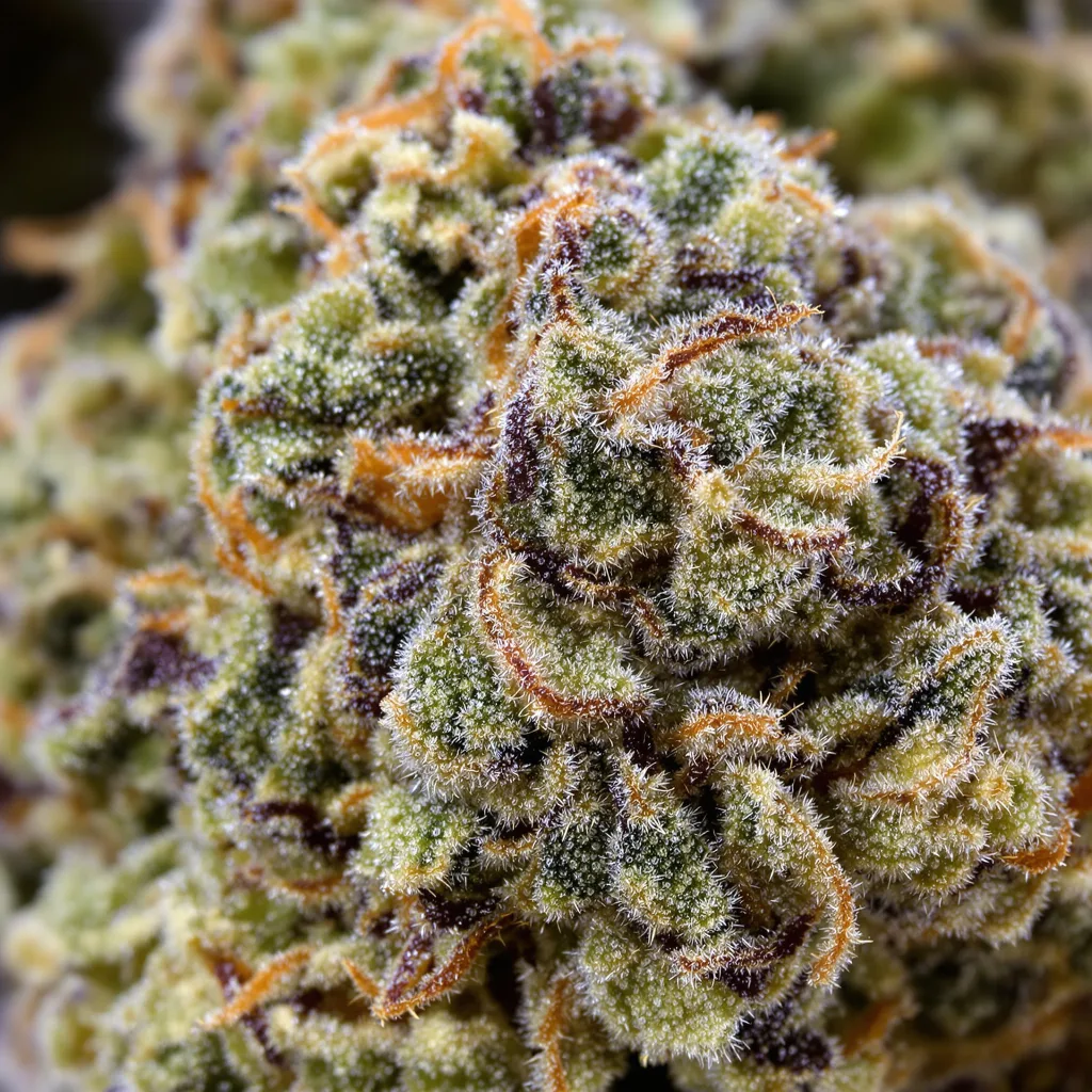 G.O.A.T Pack cannabis bud close-up showing balanced bud structure with frosted trichomes