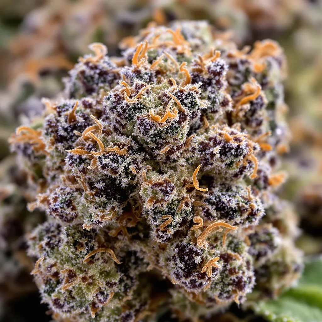 Goatlato cannabis bud close-up showing dense purple-tinged calyxes