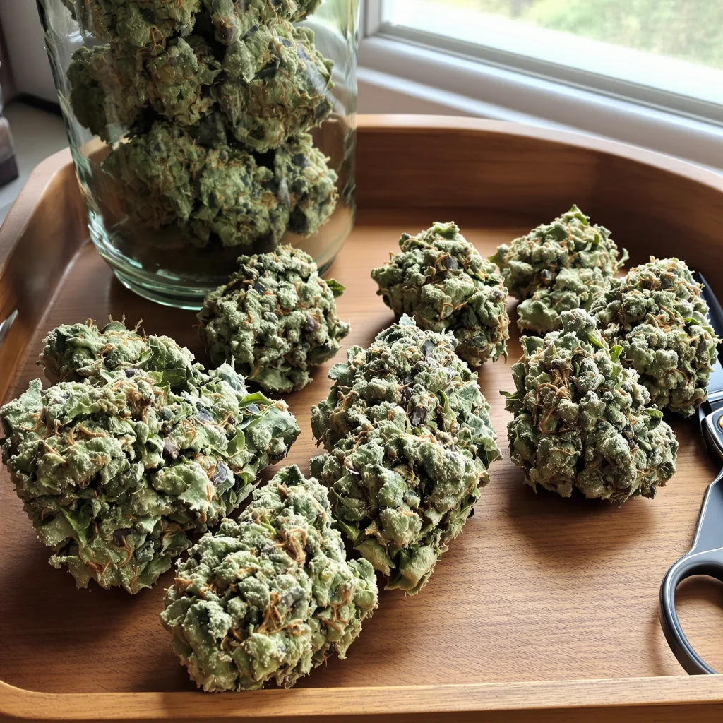Gobbstopper 35% indica / 65% sativa flower with visible trichomes